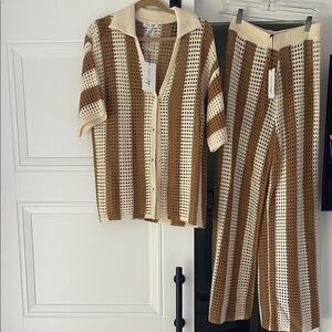 Vici Brown and Cream Crochet Wide Leg Set